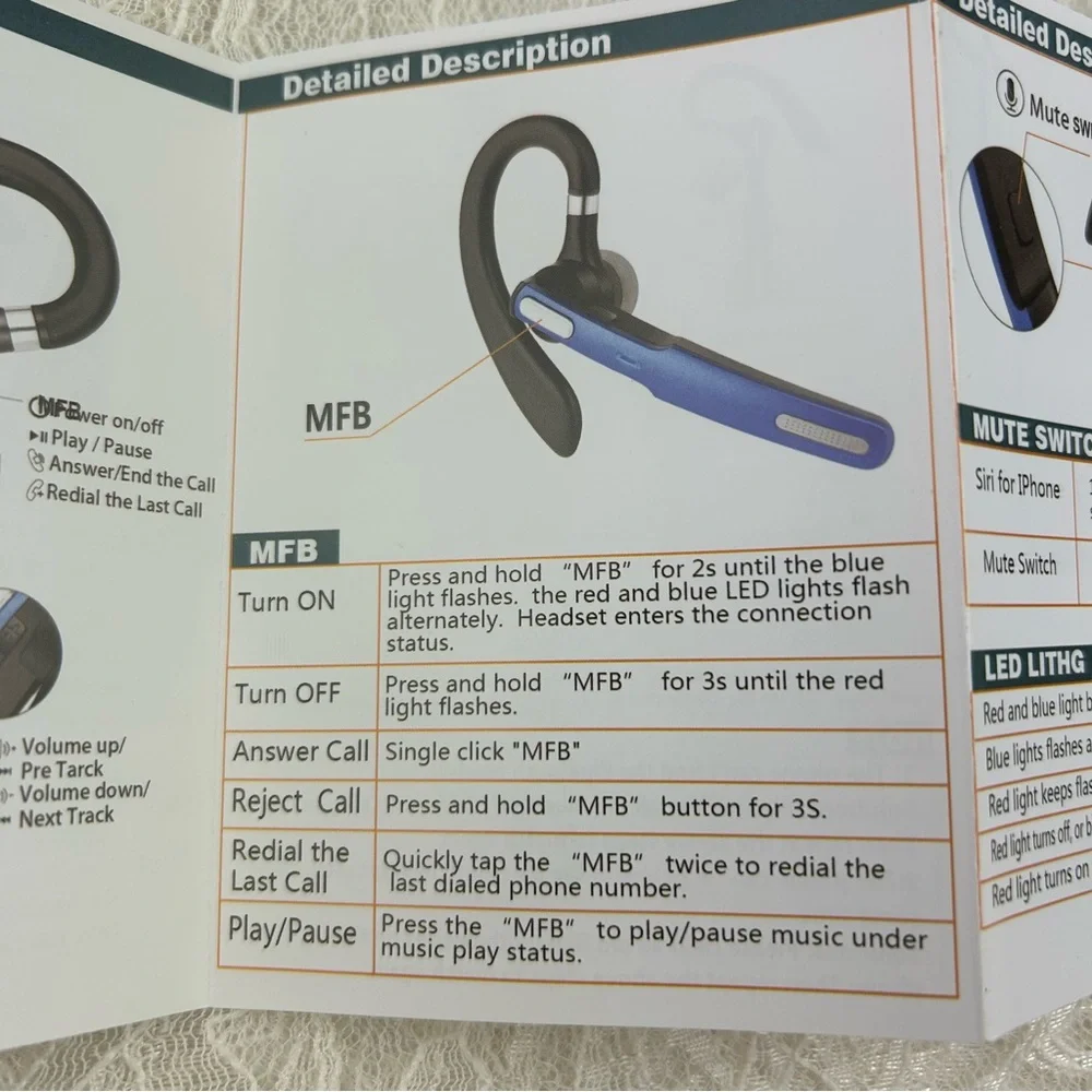 Bluetooth Wireless Headset Earpiece Mic Handsfree Single for Smartphones Music